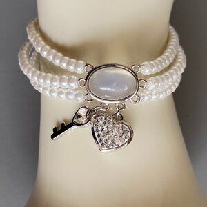 FAC Key to My Heart Triple Row Faux Pearl Bracelet